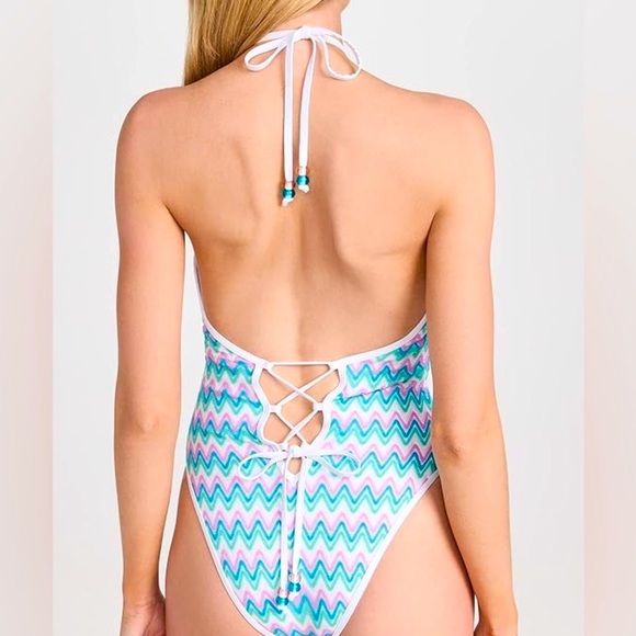 New L*SPACE Maribella Halter Lg Blue Pink Ombre Chevron High Leg 1-Pc Maillot - Picture 15 of 16